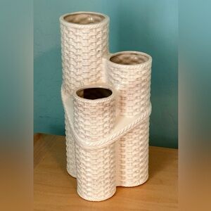 Vintage Made in Japan Japanese Woven Ceramic Triple Cylinder Vase Planter.